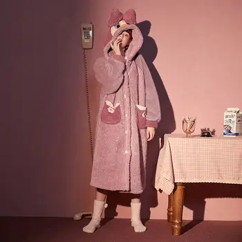 Ženske Pižame Hooded Nightgown Plišastih Coral Runo Sleepwear Jeseni, Pozimi Domov Oblačila Risanka Zgostitev Pijama Spusti Pošiljko