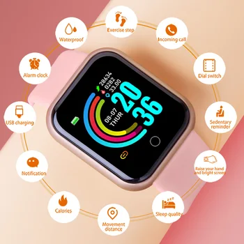 Y68 Smartwatch Ženske Moški 2021 Srčni utrip Fitnes Tracker Krvni Tlak D20 Šport otroci Pametne Ure za Android IOS Smart band