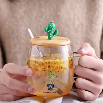 Novost Kaktus stekleni vrč s pokrovom in žličko Kave Stekleni Vrč srčkan Pregleden Mleko, Čaj, Kavo kaktus Pokal Drinkware Za Darila