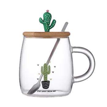 Novost Kaktus stekleni vrč s pokrovom in žličko Kave Stekleni Vrč srčkan Pregleden Mleko, Čaj, Kavo kaktus Pokal Drinkware Za Darila