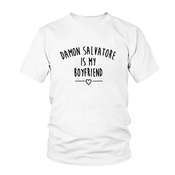 Vampir Dnevniki T-shirt Damon Salvatore Je Moj Fant Črke Natisni Ženske majice Priložnostne Smešno Ženska Bombažna Majica s kratkimi rokavi