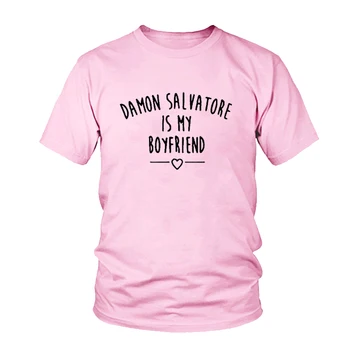 Vampir Dnevniki T-shirt Damon Salvatore Je Moj Fant Črke Natisni Ženske majice Priložnostne Smešno Ženska Bombažna Majica s kratkimi rokavi