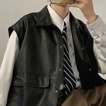 Korejski Usnjeni Brezrokavnik Moški Modni Priložnostne Žep Motoristična Jakna Moški Ulične Svoboden Hip-hop Usnje Telovnik Plašč Moški M-XL