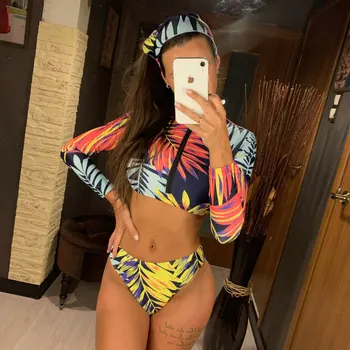 2021 Seksi Dolgimi Rokavi Ženske Bikini Kopalke Zelene Liste, Tiskanje Kopalne Obleke Plažo Brazilski Bikini Komplet Biquini Ženski
