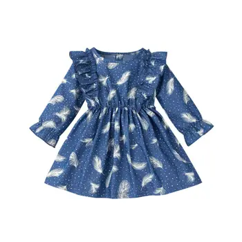 Baby Blue Maple Leaf Dolg Rokav Obleka z Talasati Dekoracijo Krog Vratu Obleke Naguban Design Pasu Priložnostne Krilo za dekleta