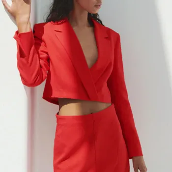 Za 2021 poletje nove ženske temperament modni rdeči visoka vitka slim kratki, temni gumb dolgimi rokavi obleka jakna ženske