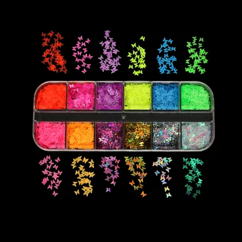 12 Barv Fluorescence Metulj Srce Nohtov Bleščice 3D Sparkly Laser Sequins Kosmičev poljski Dekoracijo DIY Nohte Art Pripomočki