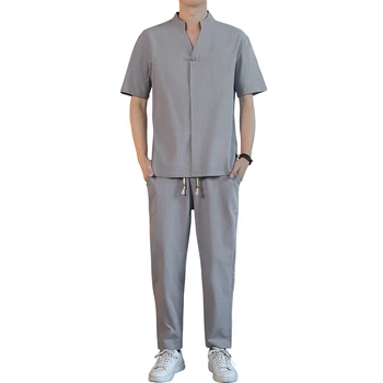 (Majica + hlače) 2021 poletje moških srajc Človek Bombažne majice s Kratkimi rokavi moški priložnostne srajce moške elastični pas polni velikosti M do 5XL