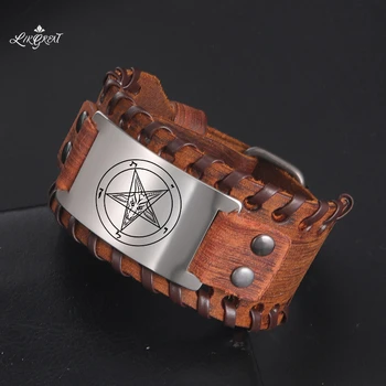 LIKGREAT Satanic Amulet Široko Usnjeno Zapestnico na Roko za Moške Simbol Zla Stand-v za Satan Letnik Čar Bangles Nakit