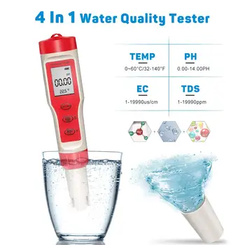 4 v 1 Kakovost Vode Tester PH/ES/TDS/Temperatura Meter Zaslon Tester za Pitno Vodo, Bazen, Lab, Predelavo Hrane, Akvarij