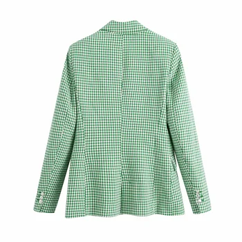 Za 2021 Teksturo Mrežo Matcha Zeleni Urad Western Obleko z Dolgimi Rokavi Dvojno Zapenjanje Spredaj Pocket Design Priložnostne Letnik V-nack Obleko