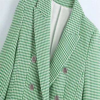 Za 2021 Teksturo Mrežo Matcha Zeleni Urad Western Obleko z Dolgimi Rokavi Dvojno Zapenjanje Spredaj Pocket Design Priložnostne Letnik V-nack Obleko