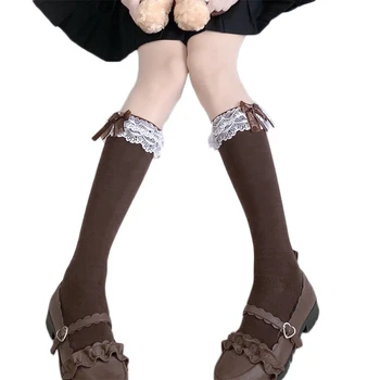 Japonski Lolita Devica Cosplay Kolena, Visoko Dolge Nogavice Sladko Večplastna Ogrlicom Čipke Big Bowknot Kawaii Bombaž Šolsko Uniformo Cev