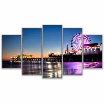 Platno Wall Art Slike Doma Dekor Dnevni Sobi, 5 Kosov Los Angeles Plaži Pomol Slikarstvo Brez Okvirja Natisne Ferris Wheel Plakat