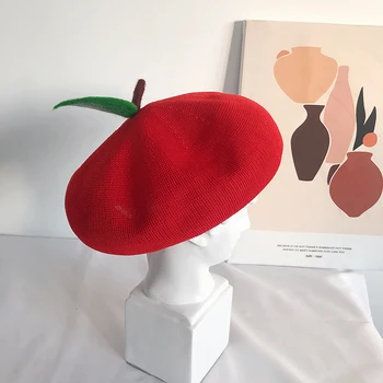 Ženske DIY ročno baretka klobuk pomlad in poletje srčkan rdeče jabolko dihanje slikar klobuk dekle tanke sadje beanie klobuk darilo debelo