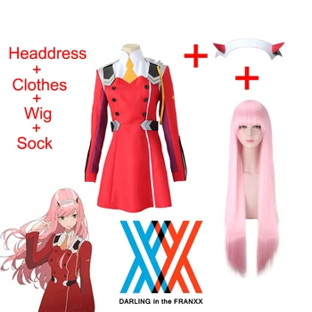 Anime DRAGA v FRANXX Code002 Polno Cosplay Kostum High School Girl Enotno Rdečo Obleko Vključuje Roza Lasulja Demon Headdress