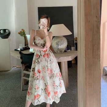 Korejepo Ženske Obleke 2021 Poletje Ženske Francoski Elegantne Retro Temperament Palace Slog Cvjetnim Tiskanja Suspender Princesa Vestidos