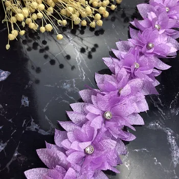 1 dvorišče Vijolično 3D Cvet Pearl Diamond Čipke Trim Aplicirano Obrezovanje Čipke Traku Obliži Vezene Tkanine Šivanje Obrti Ročno DIY Poroka Dekoracija