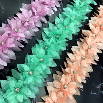 1 dvorišče Vijolično 3D Cvet Pearl Diamond Čipke Trim Aplicirano Obrezovanje Čipke Traku Obliži Vezene Tkanine Šivanje Obrti Ročno DIY Poroka Dekoracija