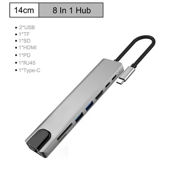 USB C Hub 8 v 1 Multiport Tip C Adapter s 4K Vrata HDMI, Ethernet 1000Mbps RJ45 Vrata, USB-C Moč Dostave, TF/SD Reade