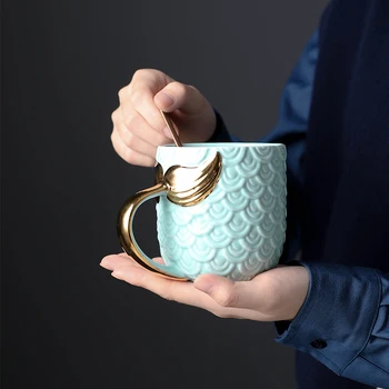 Ustvarjalne morska deklica kave Skodelice Mleka, Čaja, Kave Keramična Skodelica Z Zlatim Ročajem Roza Modra Osebno Drinkware Nekaj Darilo 420ml