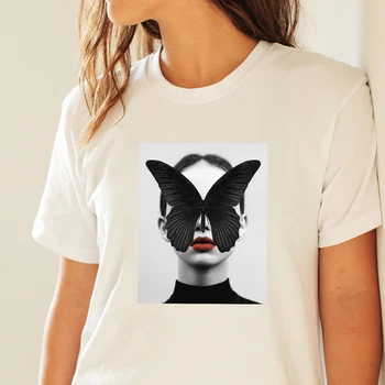 BLINGPAW Minimalističen Ženske T-shirt Črna Metulj Poleti Kratka sleeved Vrhovi & Tees O-Vratu Priložnostne Dekle je Velika Velikost Bombaž