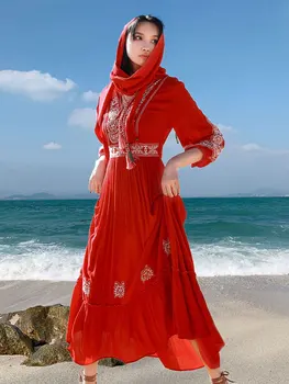 Poletje Bohemian Seaside Počitnice Beach Slog Dolgo Obleko Jugovzhodne Azije Etnične Retro Slogu, Vezenih Hooded Rdeča Obleka