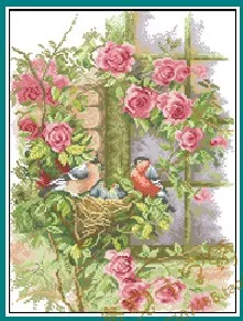 Zlato Zbirka Šteje Navzkrižno Šiv Kit Srečna Družina Rose Cvet Ptičje Gnezdo Domače Ptice