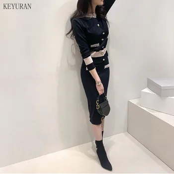 Korejski Pletene 2 Kos Krilo Določa Ženske Enotni-zapenjanje Preplete Puloverji + Elastična Sila Krilo Obleke, Casual Moda Eleganten Set