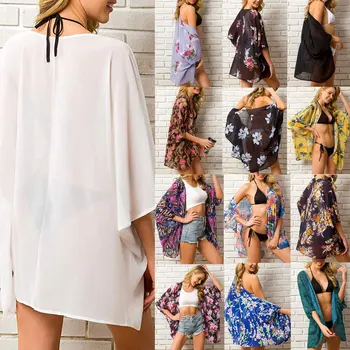 2020 Poletje Ženske Šifon Prikriti Boho Cvetlični Kimono Jopico Odklon Pol Rokav Plaži Kopalke Bluzo Srajce Za Ženski Zgornji Deli Oblačil