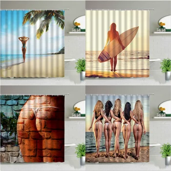 Sončno svetlobo Beach Dekle Palme Desko Krajine, Tuš Zavese Seksi Ženska 3D Tiskanih Elegantna Zavese Kopalnica Opremljanje Z Kljuke