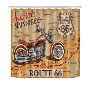 Vintage Route 66 Motorno Kolo, Ameriški Main Street Map Tuš Zavese Nepremočljiva Kopalnica Zavese Tkanine Za Otroke Kad Dekor
