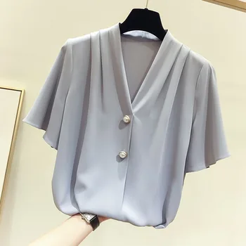 Korejski Ženske Bluze Poletje Elegantno Letnik Urad Ženske Šifon Priložnostne Plus Velikost Svoboden Navaden Gumb Ženski Modni Top Majice