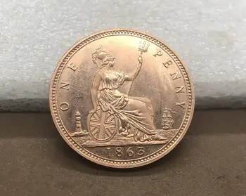 Združeno Kraljestvo 1863 1 One Penny Queen Victoria Velika Britanija Bronasto Portret Rdeči Baker Kopija Kovanca Z Gladek Rob