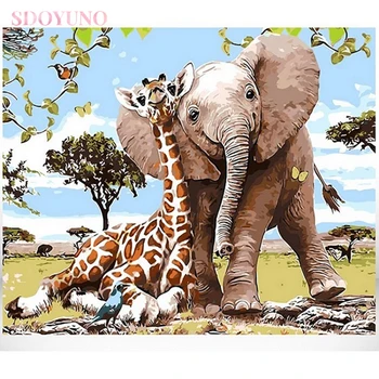 SDOYUNO DIY barvanje z številkami z okvirjem otroci Slon in žirafa živali HandPaint Doma Dekor Darilo Platno za Risanje na platno