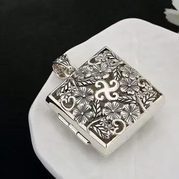 Prvotni načrt votlih plum blossom kvadratnih openable ogrlico, obesek, retro vzorec edinstveno obrti čar ženske srebrni nakit