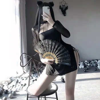 SEKSI MIJAV Zaviti Hip Povoj Mini Obleka Cheongsam Cosplay Kostum, Erotično spodnje Perilo, Ženske Votlih Iz Kitajske Tradicionalne Obleko