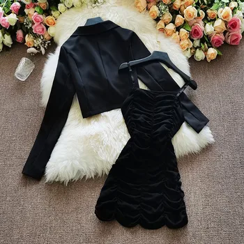 2021 pomlad nove ženske zanko Gube bombaž obleko + kratka okrasnih tassel broška suknjič ženski dvodelni določa