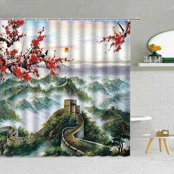 Kitajski Naravne Krajine Črnilo Slikarstvo Tuš Zavesa Great Wall Klasične Stavbe Pokrajino Kopalnica Dekor Nepremočljiva Zavese
