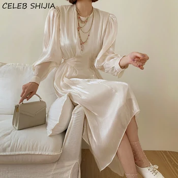 Sijaj Vintage Obleke Ženska Dolg Rokav Visoko Pasu Oblačila Ženska Vestidos Pomladi Beli Chic Elegantno Stranka Obleko Ženski Korejski