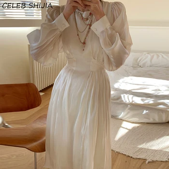 Sijaj Vintage Obleke Ženska Dolg Rokav Visoko Pasu Oblačila Ženska Vestidos Pomladi Beli Chic Elegantno Stranka Obleko Ženski Korejski