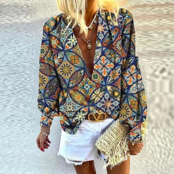 Vintage Cvjetnim Tiskanja Dolg Rokav Bluzo Majica 2021 Jeseni Mode V Vratu Puloverju Vrhovi Lady Ženske Priložnostne Svoboden Ulične Blusa