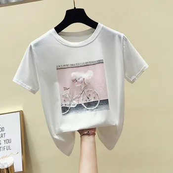 Plus Velikost Tshirt Ženske Nov Velik obseg Ženske T-shirt Kratek Rokav Žensk Ohlapno Fit Roza, Bele Majice Beaded Cvet T-shirt Tee