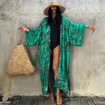 Kimonos Poletje 2021 Boho Zelena Tiskanja Caftan Svilnato Obleko Priložnostne Haljo Svoboden Priložnostne Bikini Plaži Prikriti Ženske Plažo