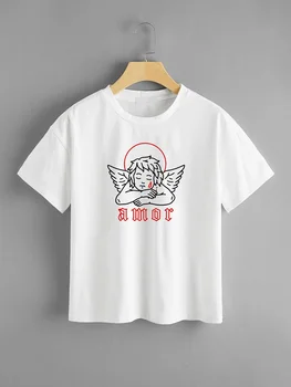 Amor Angel Kerubina Graphic Tee korejski Moda Kawaii Srčkan Estetike Bele Ženske t-shirt Priložnostne Smešno Hipster Ženski Tee