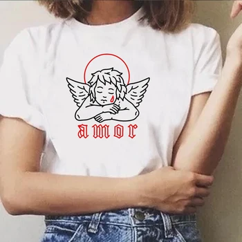 Amor Angel Kerubina Graphic Tee korejski Moda Kawaii Srčkan Estetike Bele Ženske t-shirt Priložnostne Smešno Hipster Ženski Tee