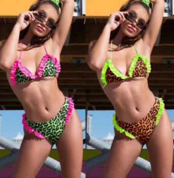2Pcs Ženska Ruffles Podložen Bikini Povoj Leopard Trikotnik Plažo Kopalke, Kopalke, kopalke Plažo bikini 2019 mujer