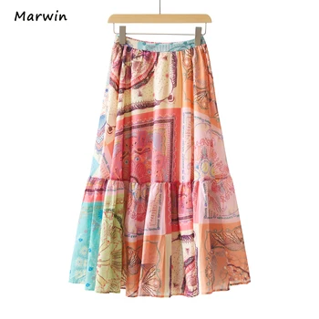 Marwin&Prijatelj Pomlad Poletje Tiskanje Evropske Cvetlični Vzorec Imperij Elastična Ženske A-Line Pet Barv High Street Style Krila