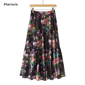 Marwin&Prijatelj Pomlad Poletje Tiskanje Evropske Cvetlični Vzorec Imperij Elastična Ženske A-Line Pet Barv High Street Style Krila