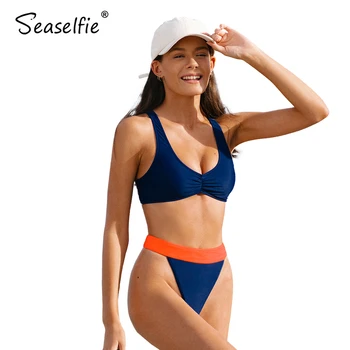 SEASELFIE O-tesnilo Visoko Pasu Tangice Bikini Komplet Ženske Kopalke, Športni Visoko Rez Bikini Dveh Kosov 2021 Plaži, Plavanje Obleko Kopalke
